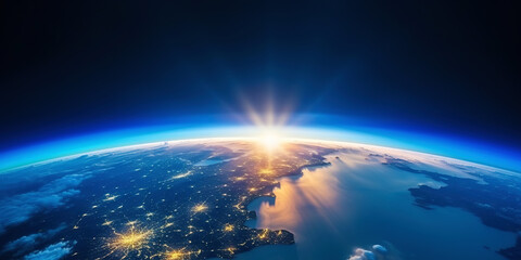 Wall Mural - panoramic view on planet earth globe from space with rising sun. glowing city lights, light clouds. 