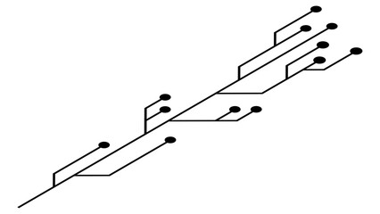 Isometric printed circuit board PCB tracks isolated on white background. Technical clipart with lines and dots at the ends. Design element.