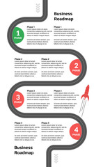 Wall Mural - Vertical roadmap with winding road with milestones and rocket on white background. Infographic timeline template for business presentation. Vector.