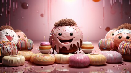 Wall Mural - A cute and funny cartoon character in a donut shape