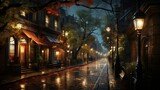 Fototapeta Uliczki - Quiet autumn street with wet leaves and beautiful reflections.