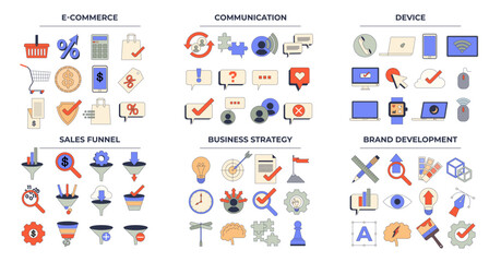 Digital marketing set with e-commerce sales retro style element collection. Communication, device, sales funnel, business strategy and brand development planning symbol groups vector illustration.