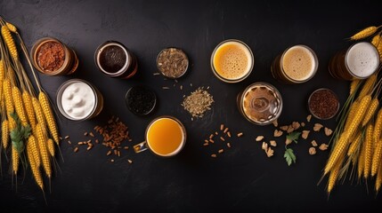 Top View of Glass of Beer and Hobbs,Malt,Yeast,Barley On the table,