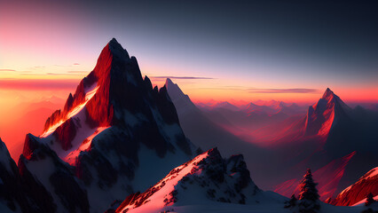 Wall Mural - ai generated illustration of rocky mountains covered in snow at the sunset