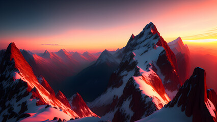 Wall Mural - ai generated illustration of rocky mountains covered in snow at the sunset