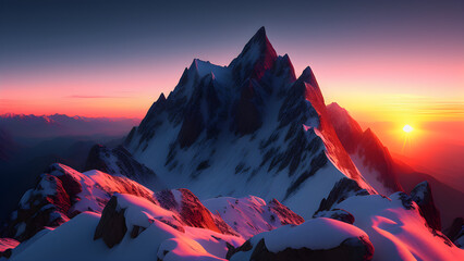 Wall Mural - ai generated illustration of rocky mountains covered in snow at the sunset