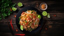 Top View Of Pad Thai On A Black Wooden Table, Thai Food, National Food