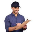 Delivery, man and clipboard writing as work shipping, logistics or information isolated on transparent png background. Asian person, package job and service or distribution, checklist or supply chain