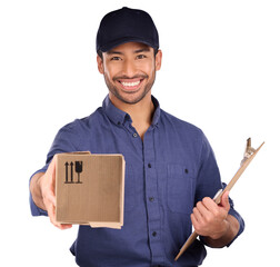 Delivery man, giving box and checklist for courier service, logistics and retail distribution in portrait. Asian worker, customer POV with stock, package and clipboard on transparent, png background