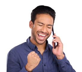 Poster - Business man, phone call and yes, celebration or excited for news, announcement and winning or opportunity. Asian worker on mobile for results, bonus or success isolated on transparent png background