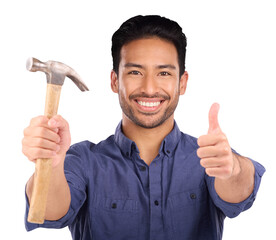 Aufkleber - Thumbs up, hammer and portrait of happy asian man on isolated, transparent or png background. Face, smile and Japanese handyman with hand emoji for repair, maintenance or DIY renovation motivation