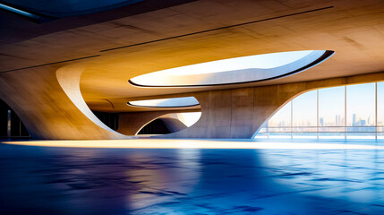 Poster - View of building with curved roof and skylight in the background.