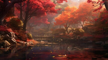 Poster - AI generated illustration of an idyllic autumn scene with a tranquil river surrounded by red foliage