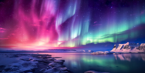 Wall Mural - aurora borealis on the norway. green northern lights above mountains. night sky with polar lights. n