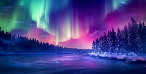 Wall Mural - aurora borealis on the norway. green northern lights above mountains. night sky with polar lights. n