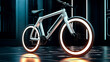 White bicycle with glowing spokes on it's front wheel.