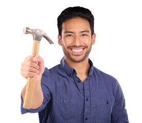 Wall Mural - Handyman, tools and portrait of an Asian man with a hammer isolated on a transparent background. Person, face and builder with equipment for repairs, maintenance and employee work with png or worker