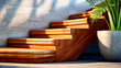 Close up of set of wooden stairs with plant in the background.
