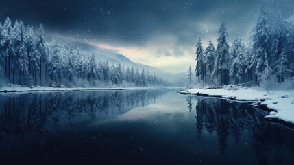 Poster - sky reflection evening snow landscape illustration y travel, beautiful peak, dusk background sky reflection evening snow landscape