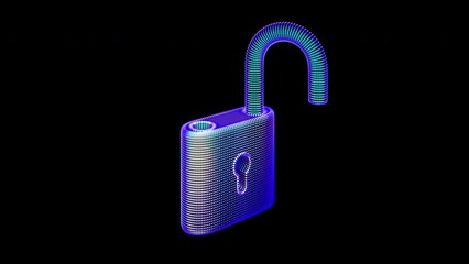 Wall Mural - Digital 3D neon pad lock opens: abstract concept of digital data protection, cyber security and cyber crime or hacker attack. 4K animation of ultraviolet pixelated padlock on black background