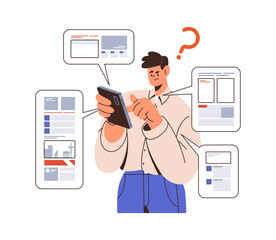 Poster - Reading bad news online on mobile phone. Puzzled person with smartphone, consuming information in internet, surfing social media, network. Flat graphic vector illustration isolated on white background