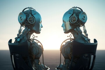 Poster - Two humanoid robot. Man and woman love couple futuristic. Generate Ai