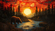 Bär im Wald mit Sonnenuntergang - bunte Zeichnung, Vintage