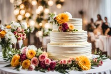 Wedding Cake With Flowers, On Table On Light Background In Room Interior