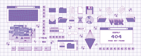 Aufkleber - Big set of stickers in the trendy y2k style. Old computer aesthetics from the 90s, 00s. Retro PC elements, user interface. Vector illustration