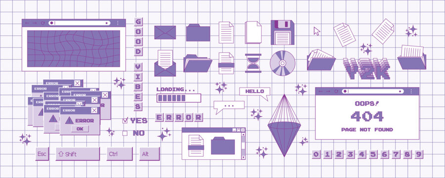 Big set of stickers in the trendy y2k style. Old computer aesthetics from the 90s, 00s. Retro PC elements, user interface. Vector illustration