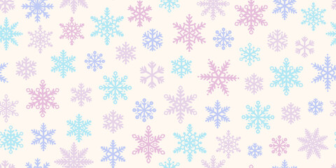 Poster - Cute pastel snowflake Christmas vector repeat pattern background, seamless holiday wallpaper or textile design
