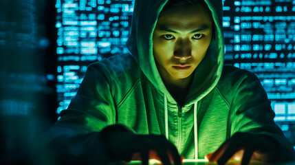 Poster - a hacker in dark room in hoodie sitting with green blurred background. concept of data protection. a