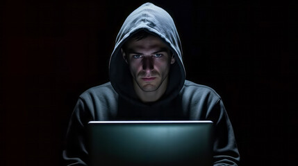 Poster - Portrait of hacker man in a hoodie. burred background. Dramatic lighting. Concept of data protection. Ai generative