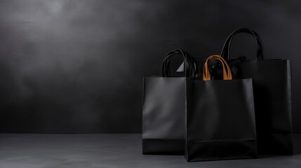 Wall Mural - Black shopping bags on dark festive background banner