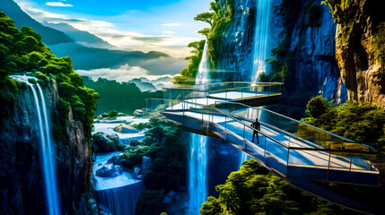 Wall Mural - Man standing on bridge over waterfall with waterfall in the background.