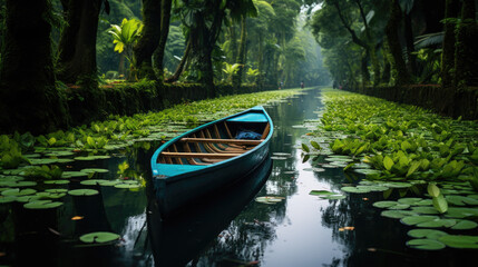 An empty boat on a river in a jungle