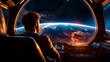 © Констянтин Батыльчук - Man is sitting in space station looking at the earth and stars.