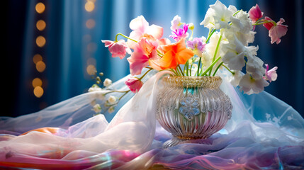 Wall Mural - Vase filled with lots of flowers on top of blue table cloth.