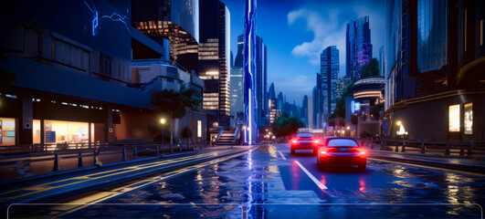 Sticker - Screenshot of city street at night with cars driving on it.