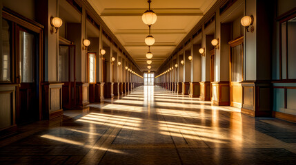 Poster - Long hallway with lot of light coming in from the windows and lamps on the ceiling.