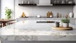 Interior of modern kitchen with white marble walls, concrete floor, white countertops and wooden cupboards