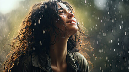 Wall Mural - A young sad woman in front of a wet rainy window