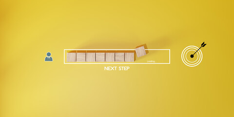 Wall Mural - woods block step on table with icon action plan, goal and target, success and business target concep