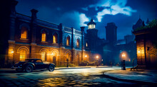 Car Parked In Front Of Building At Night With Clock Tower In The Background.
