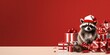 Cute raccoon among New Year's gifts on a red background, banner. copy space