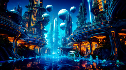 Sticker - Futuristic city surrounded by tall buildings and futuristic water features in the foreground.