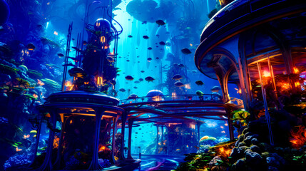 Sticker - Futuristic underwater city with lot of fish and other things in it.