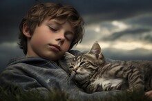 A Young Boy Is Cuddling A Cat In The Grass. Generative AI.