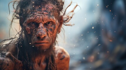 Wall Mural - A prehistoric man with long hair and a beard, AI