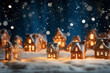 A snowy Christmas village with snowflakes at night, captured in the style of vignetting with dark orange and blue tones.